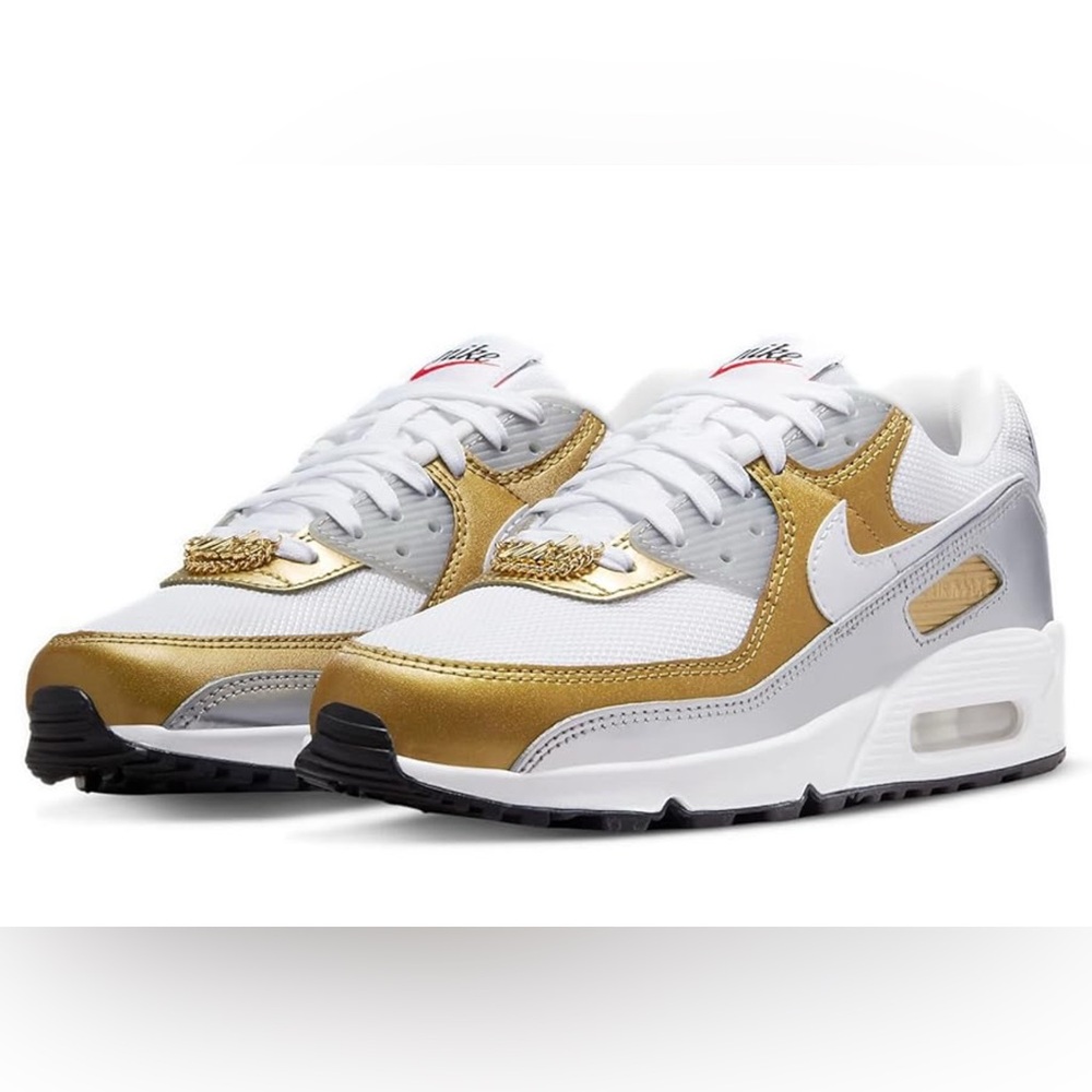 Nike Air Max 90 SE DJ6208-100 Women's White Gold & Silver Metallic Sneakers 10